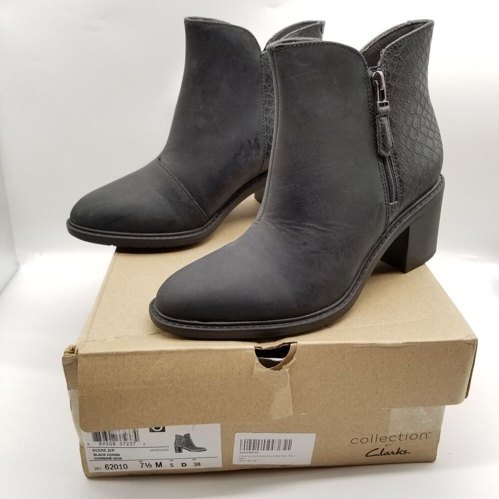 Clarks Womens Scene Zip Block Heel Ankle Booties‎ Size 7.5 M Black Leather